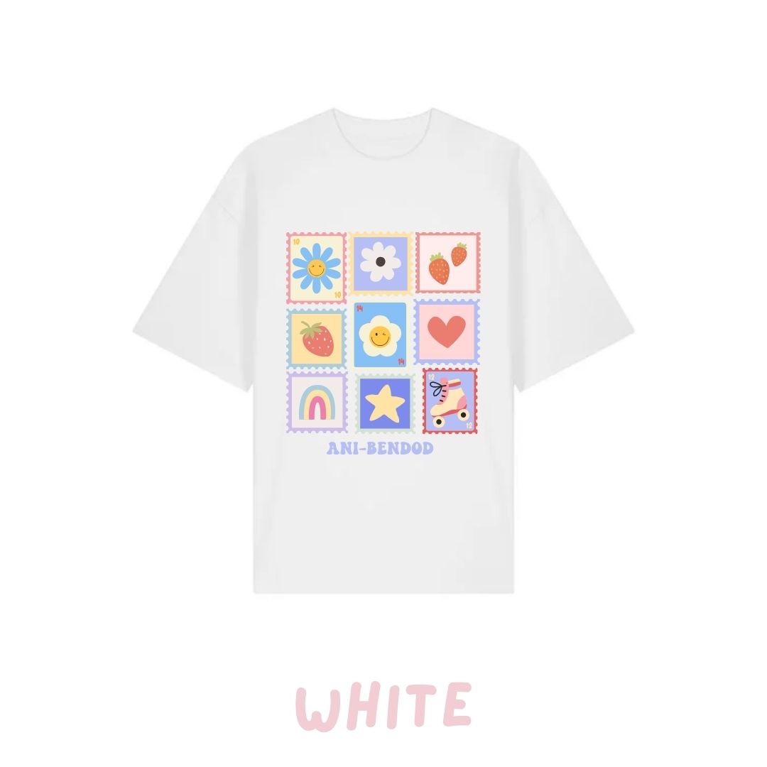 Crys t stampiau lliwgar ani-bendod | ani-bendod colourful stamps tee