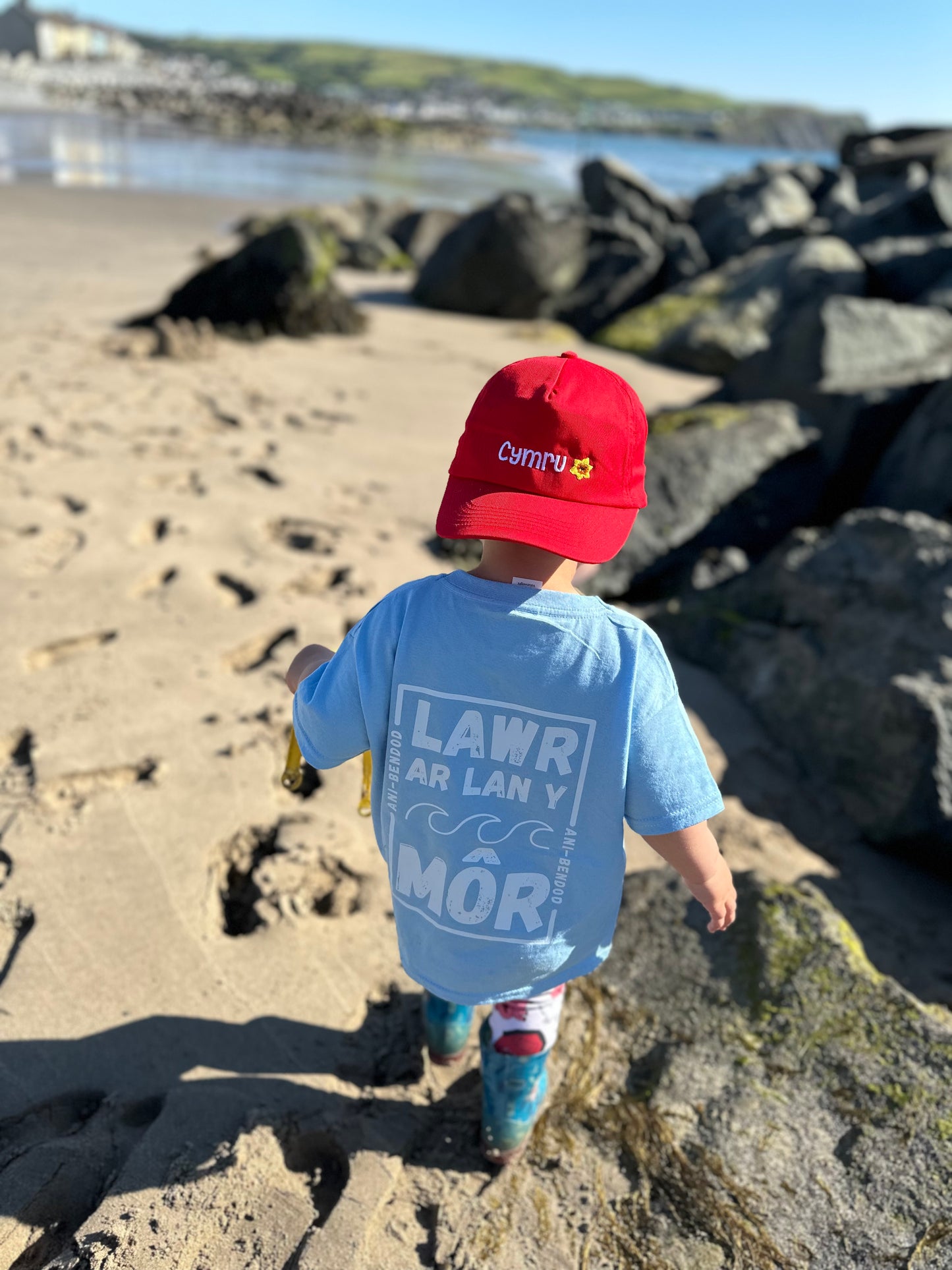 Crys T Lawr ar lan y môr Tee