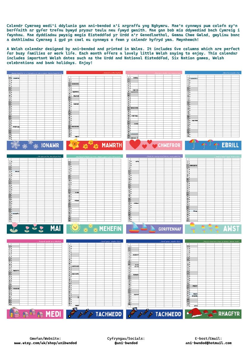A3 Family 2025 Calendar | Calendr teulu A3