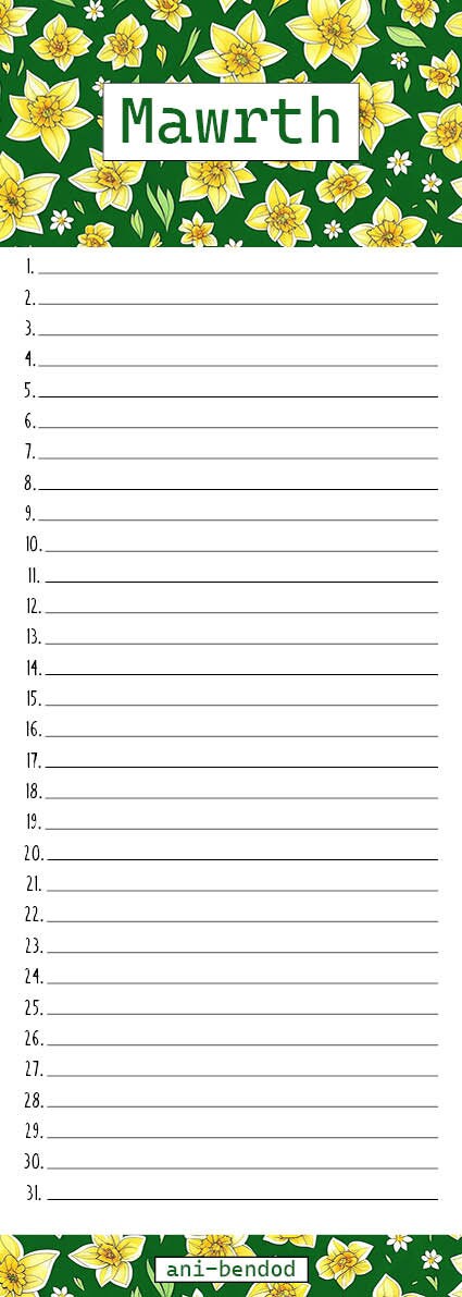 Perpetual Welsh Calendar- any year / ani-bendod/ Calendr Cadw- unrhyw flwyddyn