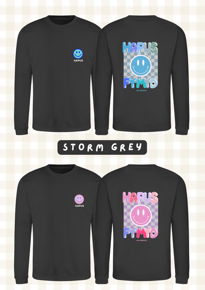 Siwmper Wyneb Hapus | Smiley Face Hoody Sweatshirt