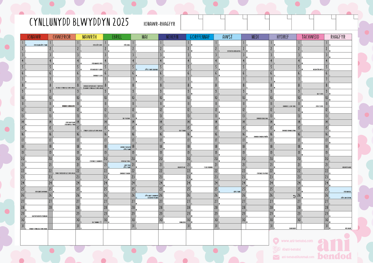 Cynllunydd wal 2025 Wall planner January-December Ani-bendod