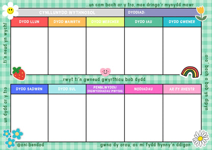 NEWYDD-CYNLLUNYDD WYTHNOSOL (weekly planner)- pad A4- 52 tudalen- ani-bendod