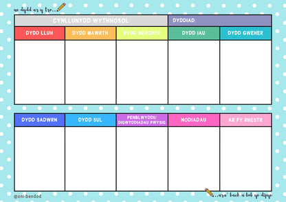 NEWYDD-CYNLLUNYDD WYTHNOSOL (weekly planner)- pad A4- 52 tudalen- ani-bendod