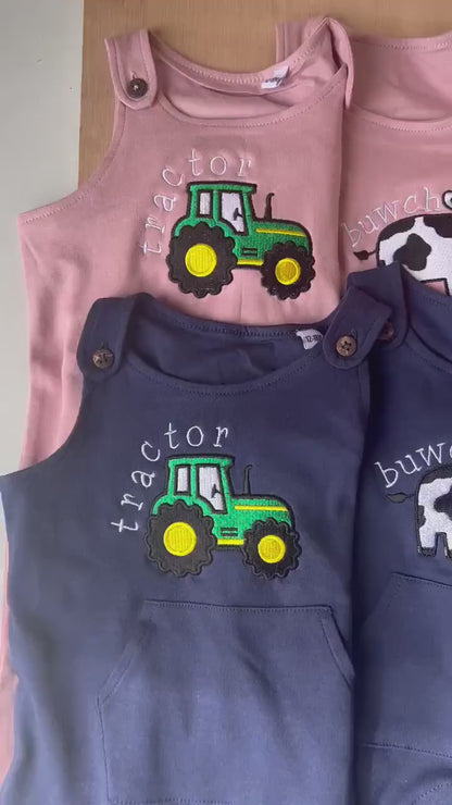 NAVY Dyngaris y fferm ani-bendod farm dungarees/rompers navy