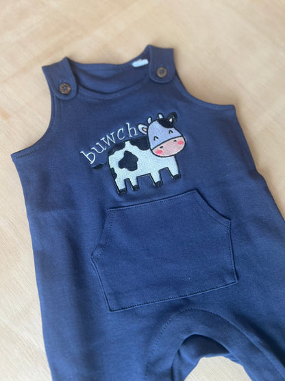 NAVY Dyngaris y fferm ani-bendod farm dungarees/rompers navy